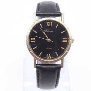 VIntage Parmex Watch Mens Silver Tone Stainless Steel Quartz Black Leather Band